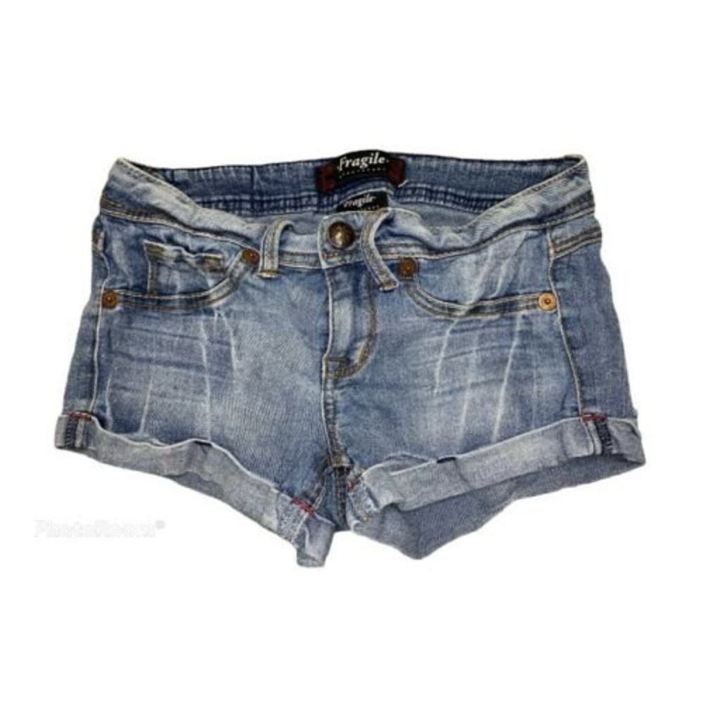 Fragile Blue Jeans Womens Junior Sz 1 Mini Shorts Booty Stretch Denim Shorty